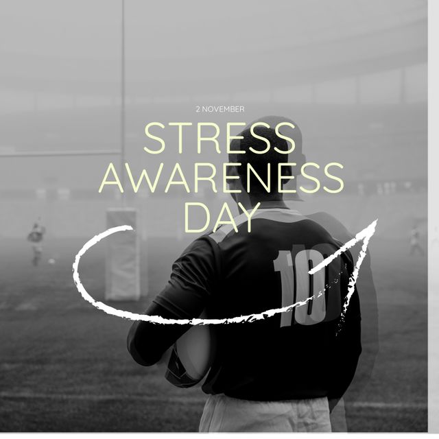 Composition of stress awareness day text over african american rugby player at stadium. Stress awareness day and celebration concept digitally generated image.