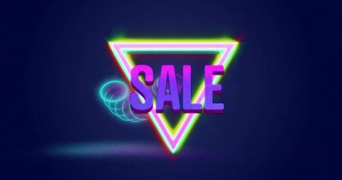 Neon triangle sale sign with 3d retro typography and chromatic glow for promotional design