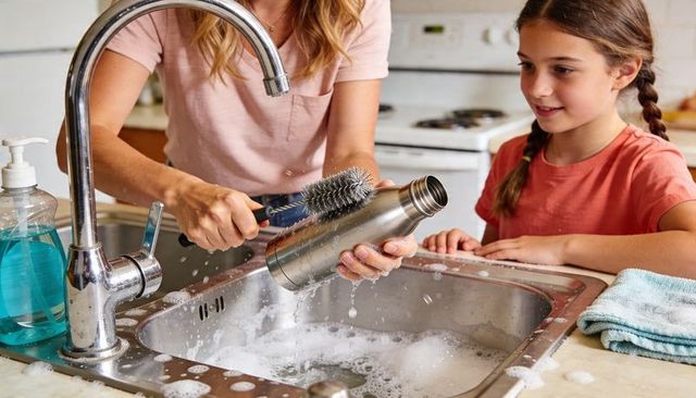 Mother scrubbing stainless steel water bottle at sink while daughter watches and learning