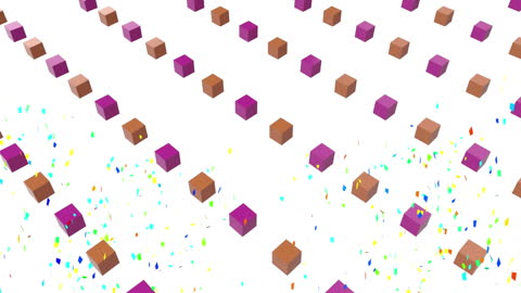 Vibrant 3D Cube Sequence with Confetti on White Background