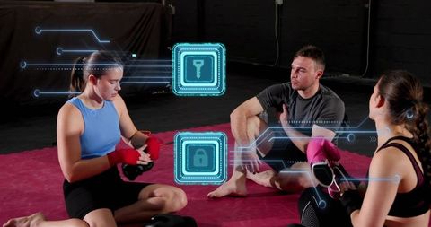 Female Boxer Wrapping Hands with Coach Observing and Futuristic Sports HUD Overlays