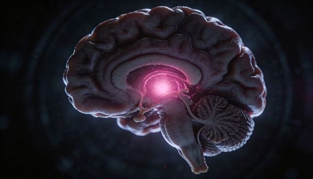 Glowing human brain cross-section highlighting midbrain, cerebellum and neural pathways