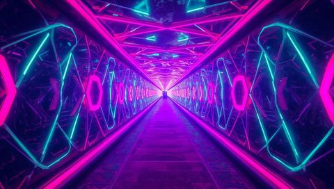 Futuristic neon hex tunnel with glowing led frames and infinity mirror passage