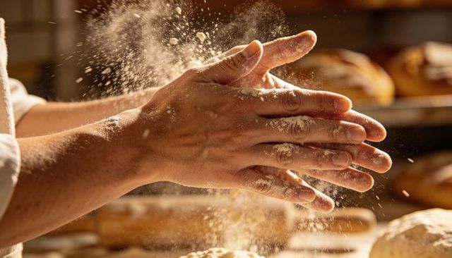 Flour-dusted hands kneading dough in warm light conveying artisan bakery craft