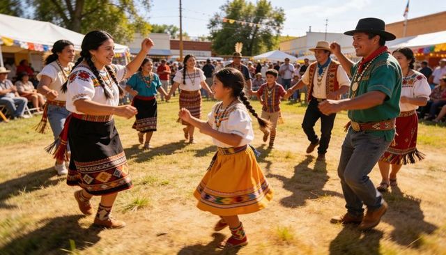 Multigenerational community dancing in colorful traditional embroidered dresses at festival
