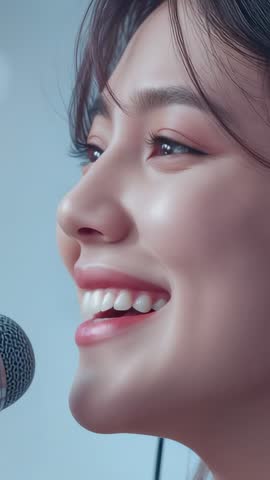 Vertical video showing female singer smiling and singing into microphone during studio recording