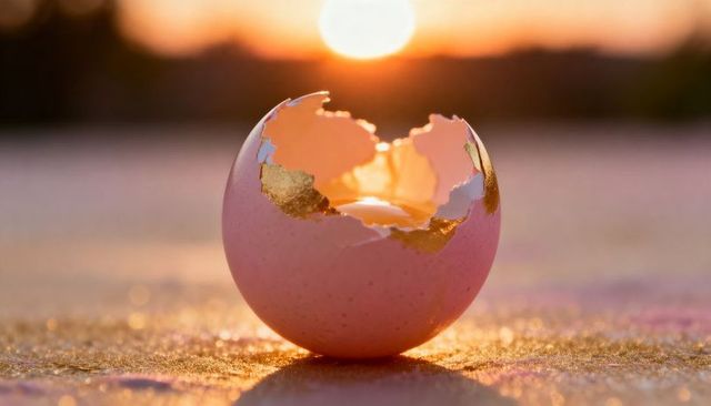 Sitting Cracked Pink Eggshell Gilded with Gold Reflecting Sunset Light on Glittering Sand