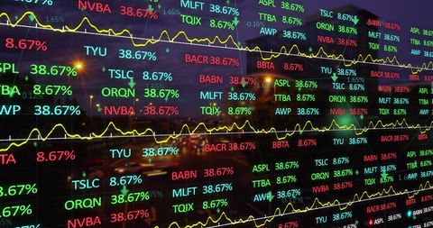 colorful stock market data is transposed over a vibrant urban night skyline. ideal for use in articles or presentations related to finance, economic trends, and stock analysis. perfect for illustrating concepts of fast-paced trading activity or digital finance in modern city life.