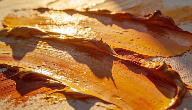 Thick amber paint spreading in impasto strokes with glossy knife ridges and canvas texture