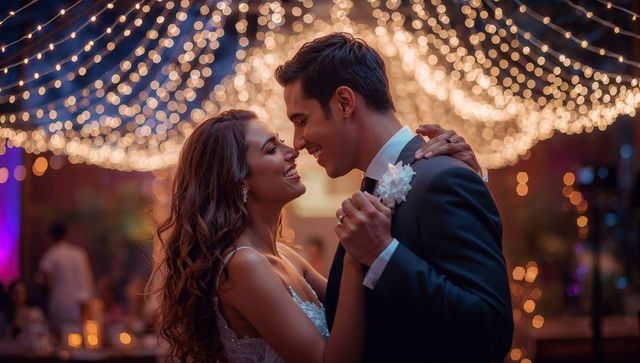 Bride and Groom Dancing Under Romantic String Lights at Wedding Reception