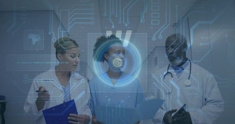 Medical team scanning patient with holographic biometric hud for digital diagnosis