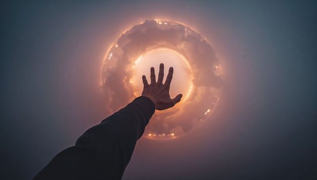 First-person hand reaching toward glowing celestial portal through foggy halo