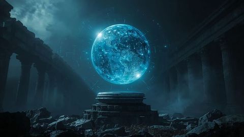Futuristic levitating digital globe in atmospheric ancient ruins