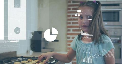 Girl enjoying baking with futuristic graphs in cozy kitchen scene