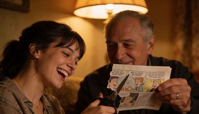 Grandfather and granddaughter cutting comic strip together by warm lamplight sharing laughter