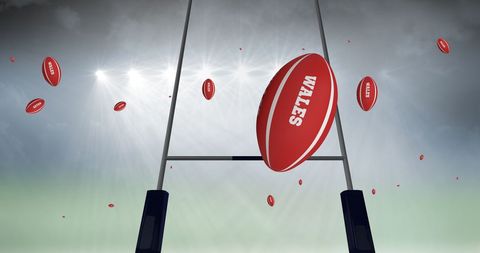 Wales Rugby Balls Soaring Towards Goalposts in Stadium