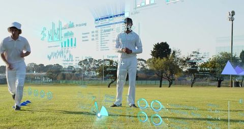 Cricketer holding bat training on grass field with augmented reality performance analytics
