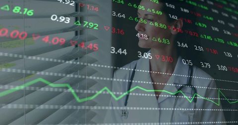 Clinician analyzing healthcare data trends with financial chart overlay and stethoscope