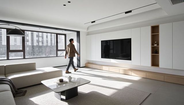 Man walking through sunlit minimalist living room with wall-mounted tv and marble coffee table