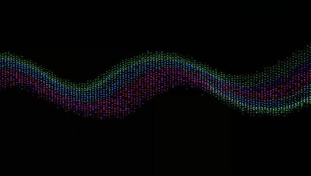 Flowing neon rgb particle wave ribbon spectral abstract on black digital canvas