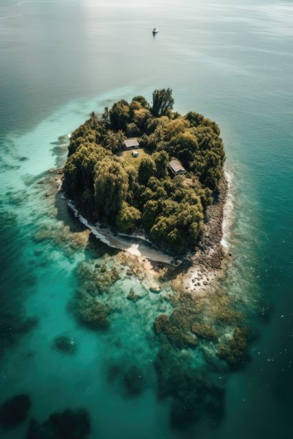 Aerial view of island in sea, with houses, rocks and trees, created using generative ai technology. Nature, tranquility, isolation and landscape concept digitally generated image.