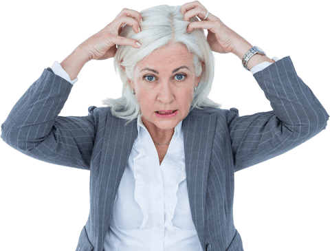 Stressed senior businesswoman scratching head with transparent background