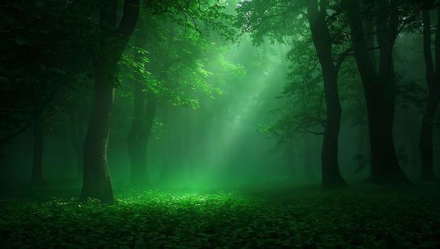 Bathing Misty Forest Clearing with Sunbeams Piercing Canopy and Glowing Green Undergrowth