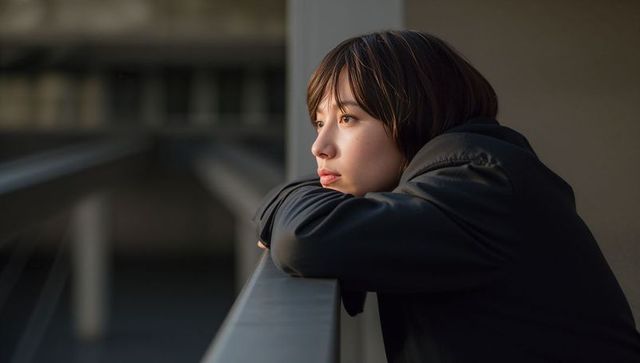 Young woman leaning on balcony railing gazing into distance during golden hour solitude