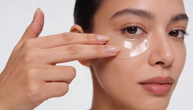 Applying hydrogel under-eye patch for glowing skin care closeup with manicured nails