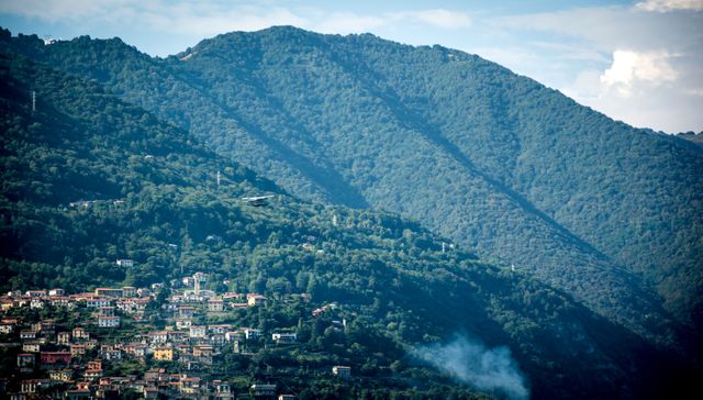 Image captures a beautiful Italian hillside village with dense greenery under a slightly cloudy sky. Ideal for use in travel brochures, nature-themed websites, backgrounds, and scenic calendars.