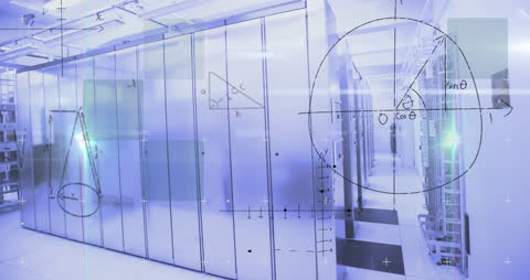 Technology Concept in Computer Server Room with Mathematical Graphs