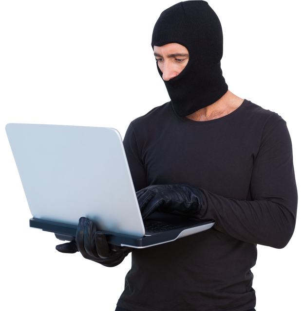 Transparent background burglar with balaclava hacking a laptop - Download Free Stock Videos Pikwizard.com