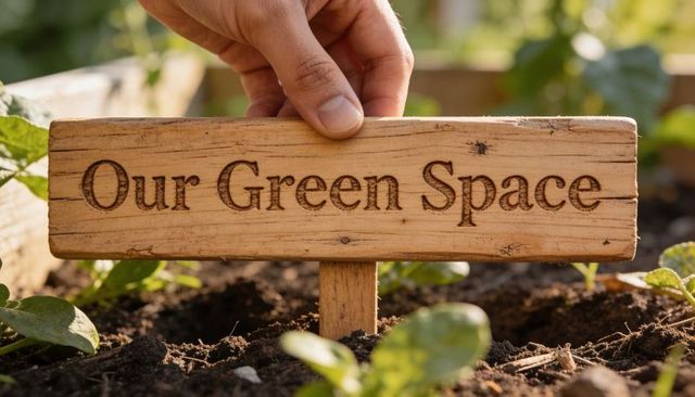 Hand placing rustic wooden sign reading our green space into planter soil with seedlings