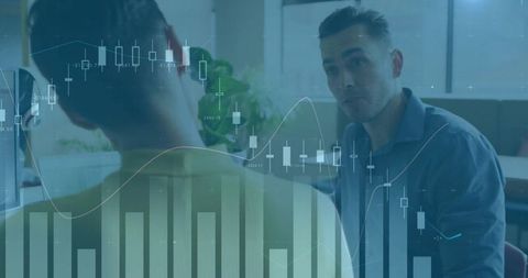 Consultant discussing market data with candlestick charts overlay in modern office