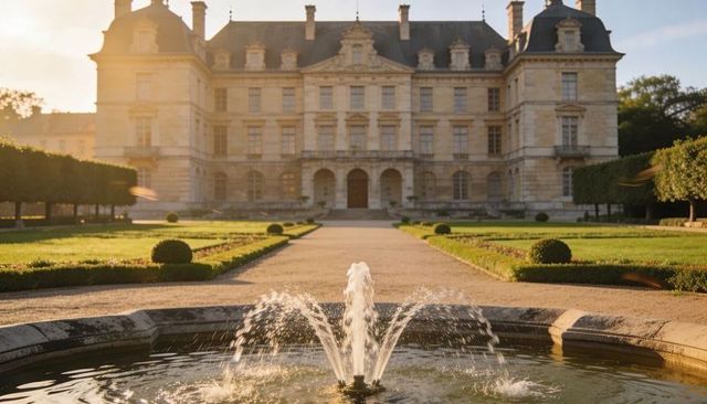Golden-hour french chateau with ornamental fountain and symmetrical formal garden parterre