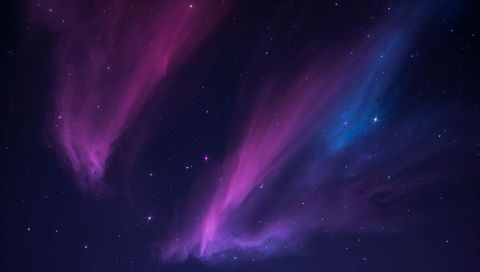 Glowing purple-blue aurora plumes sweeping starry night sky with nebula ribbons