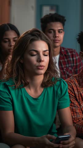 Woman Explaining Idea With Smartphone While Friends Listening on Couch | Vertical Social Video