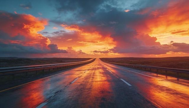 Endless wet highway reflecting fiery sunset clouds on open plateau at twilight