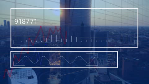 Futuristic Financial Graphs and Data Overlay Modern Cityscape