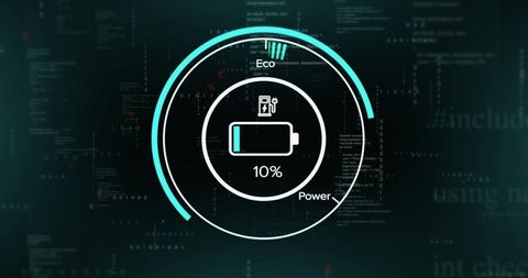 Low Battery HUD Display Showing 10% Charge on Futuristic Neon Tech Dashboard