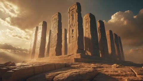 ancient carved pillars at sunset with majestic sky, ten commandments concept - Download Free Stock Images Pikwizard.com