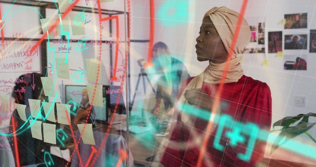 Muslim Woman Analyzing Data on Transparent Screen in Modern Office - Download Free Stock Images Pikwizard.com