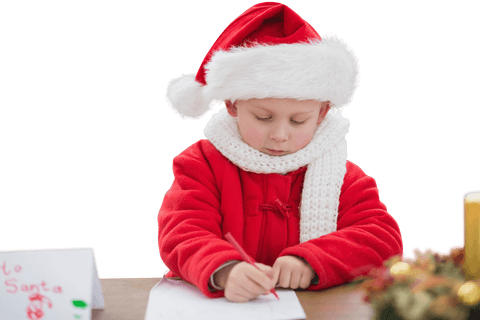 Focused Child Writing to Santa Claus on Transparent Background