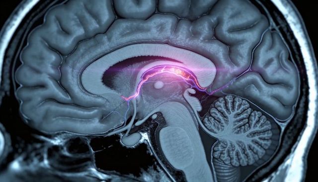 Sagittal brain mr cross-section highlighting limbic pathway with electric neural activation