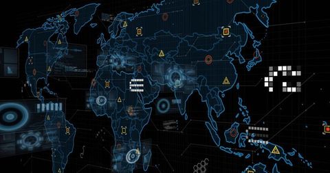 Futuristic Holographic World Map HUD with Cybersecurity Hotspots and Network Overlay Visualization