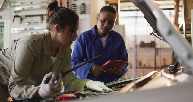 Two female mechanics are collaborating and working on a car engine in a garage. One mechanic is using tools under the car hood while the other is observing and using a tablet for assistance. This image is great for use in materials focused on technical education, gender diversity in skilled trades, automotive repairs, and hands-on training programs.