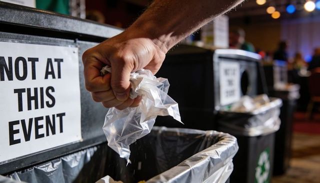 Hand squeezing plastic bag over recycling bin at conference waste disposal and sorting