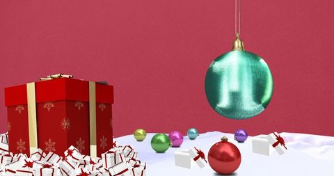 Festive gift box and colorful baubles in cheerful holiday scene