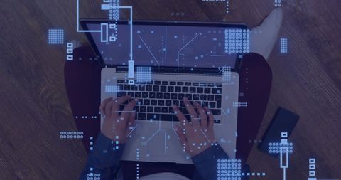 Caucasian Man Using Laptop with Digital Data Overlay - Download Free Stock Images Pikwizard.com