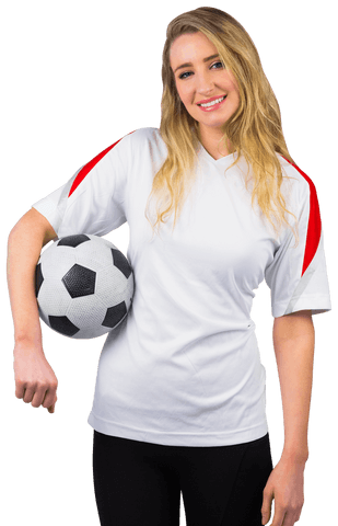 Transparent Enthusiastic Woman Soccer Fan Smiling with Ball